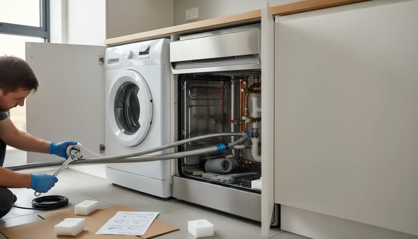 Installatør forbinder slanger til en vaskemaskine og opvaskemaskine i et moderne køkken.