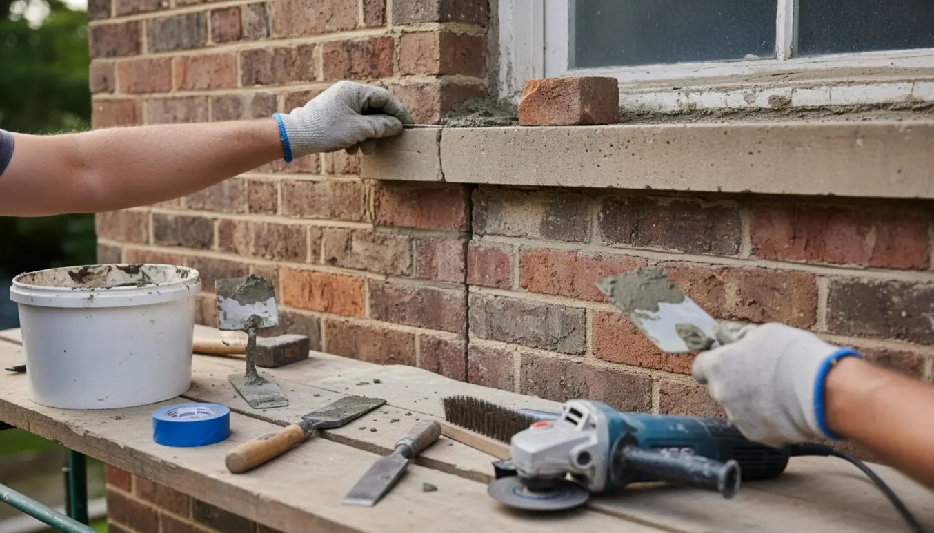 Nærbillede af murerarbejde med handsker og værktøj ved en smal sætningsrevne i mur og overligger.