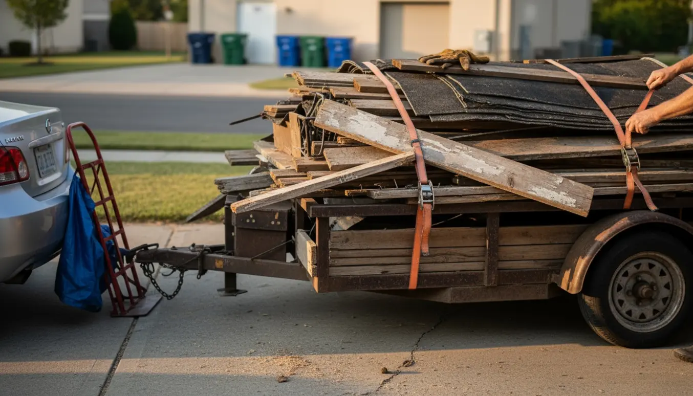 En trailer fyldt med gamle brædder og tagpap klar til aflevering på genbrugsstationen.
