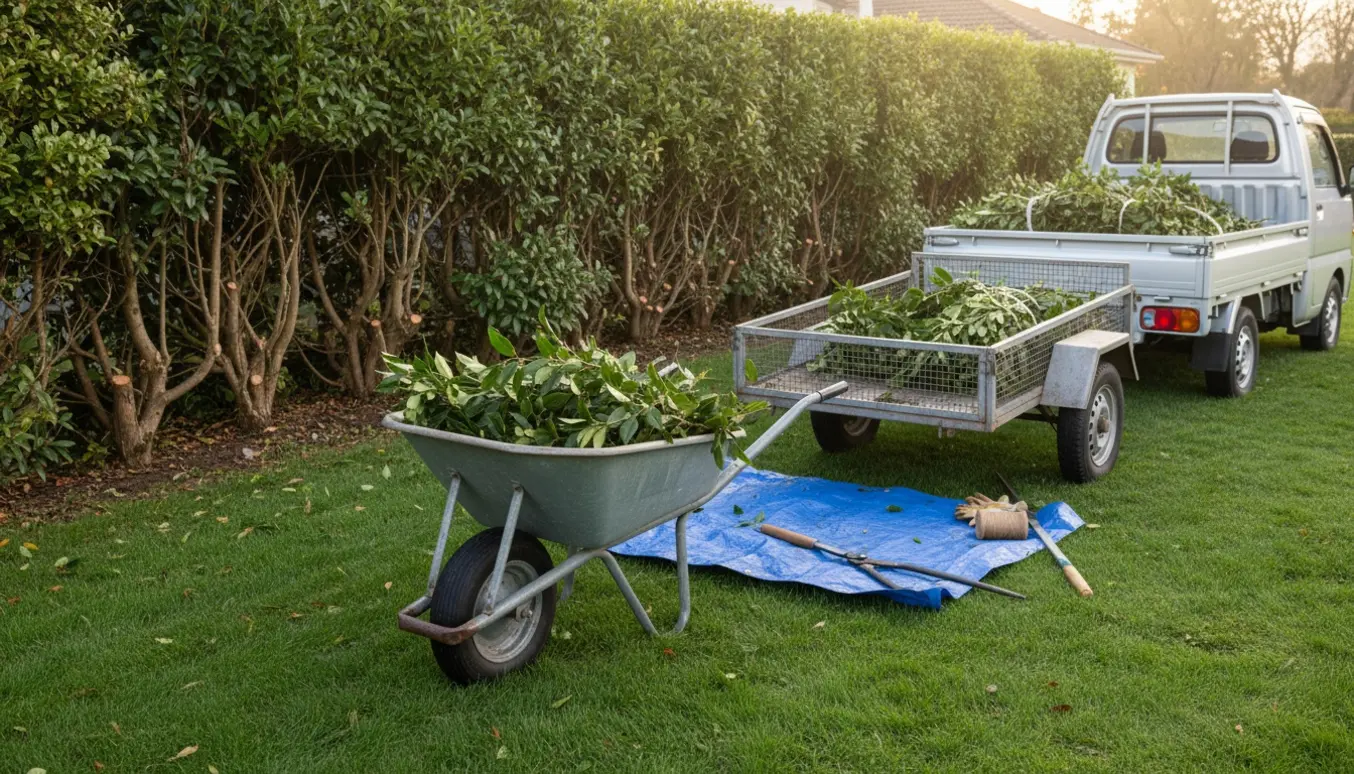 Trillebør fyldt med beskårne kirsebærlaurbærgrene foran en nyklippet hæk, klar til bortkørsel.