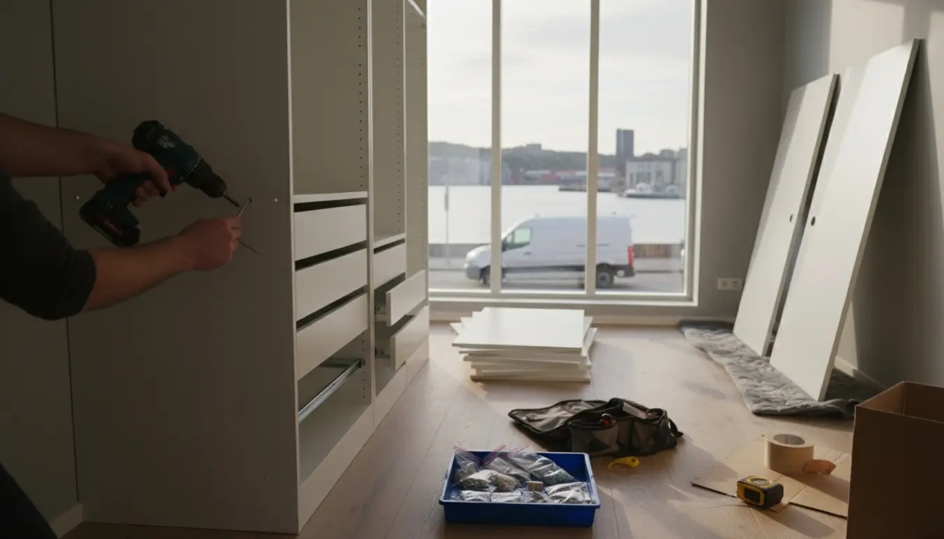 Nærbillede af samling af højt garderobeskab i københavnsk lejlighed med paneler, værktøj og flyttekasser.