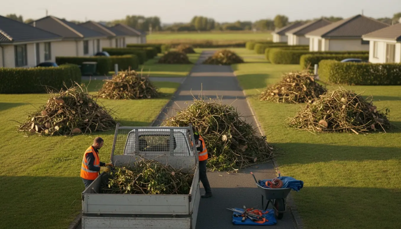 Pickup læsser grene fra fire bunker ved en grundejerforeningsvej til bortkørsel.