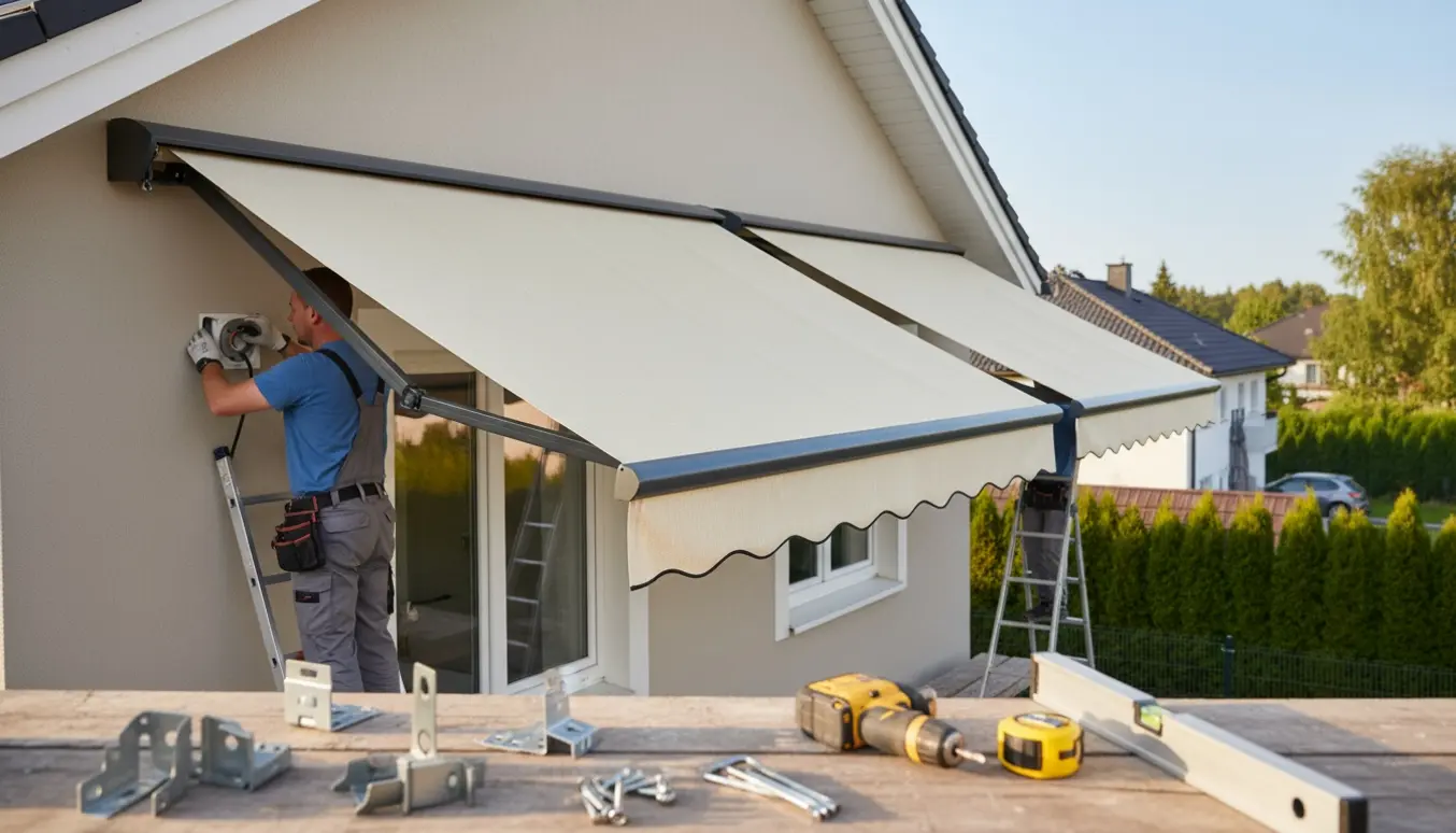 To udendørs markiser monteres på en øvre gavl med stige, boremaskine og eltilslutning.