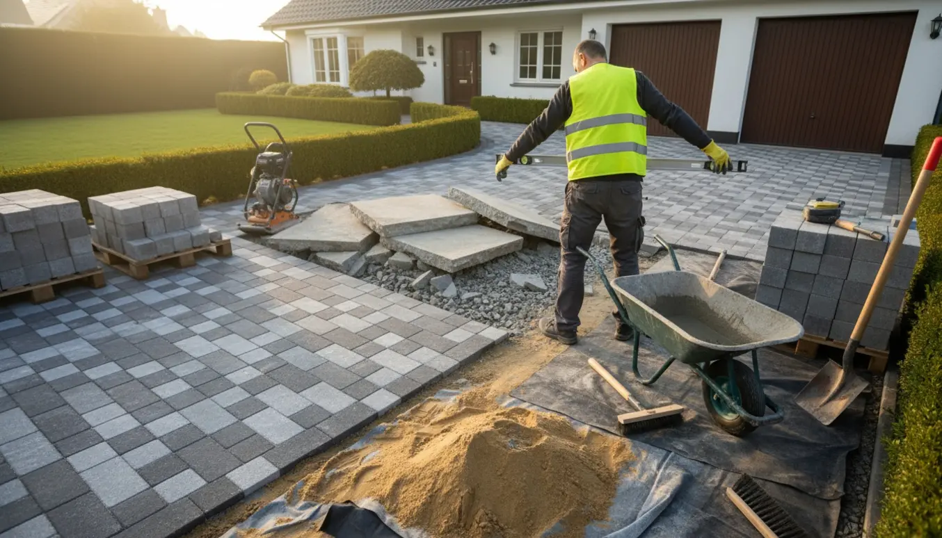 Delvist lagt indkørsel og gangsti med bunker af fliser, værktøj og en håndværker set bagfra.
