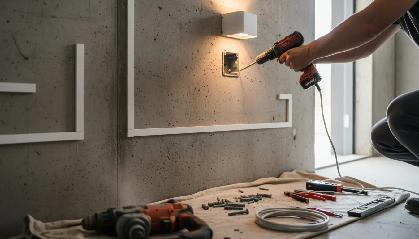Montering af stikkontakt og ledningsskjulere til væglampe på betonvæg i entré.