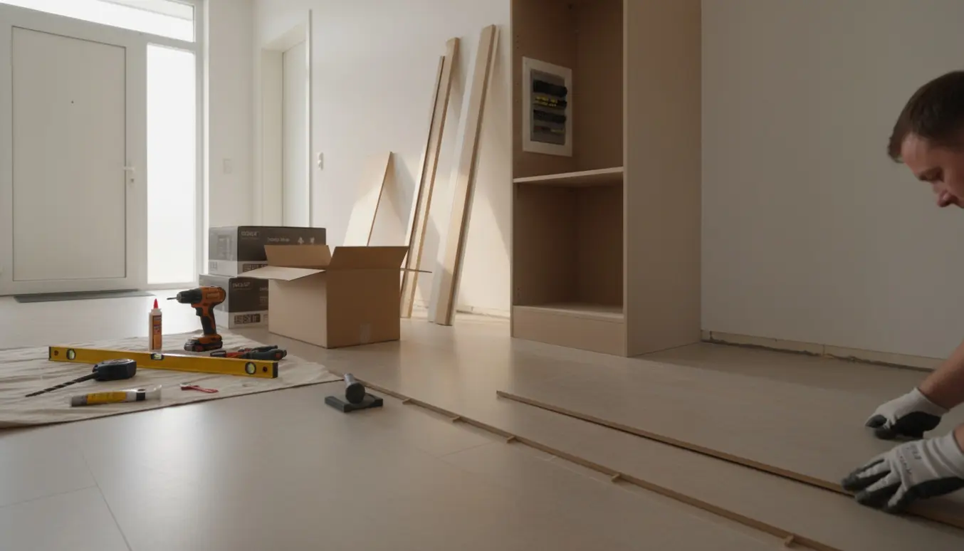 Halvfærdig entré med marmoleum click-gulv, indbygget MDF-skab ved elskab og værktøj klar til montering.