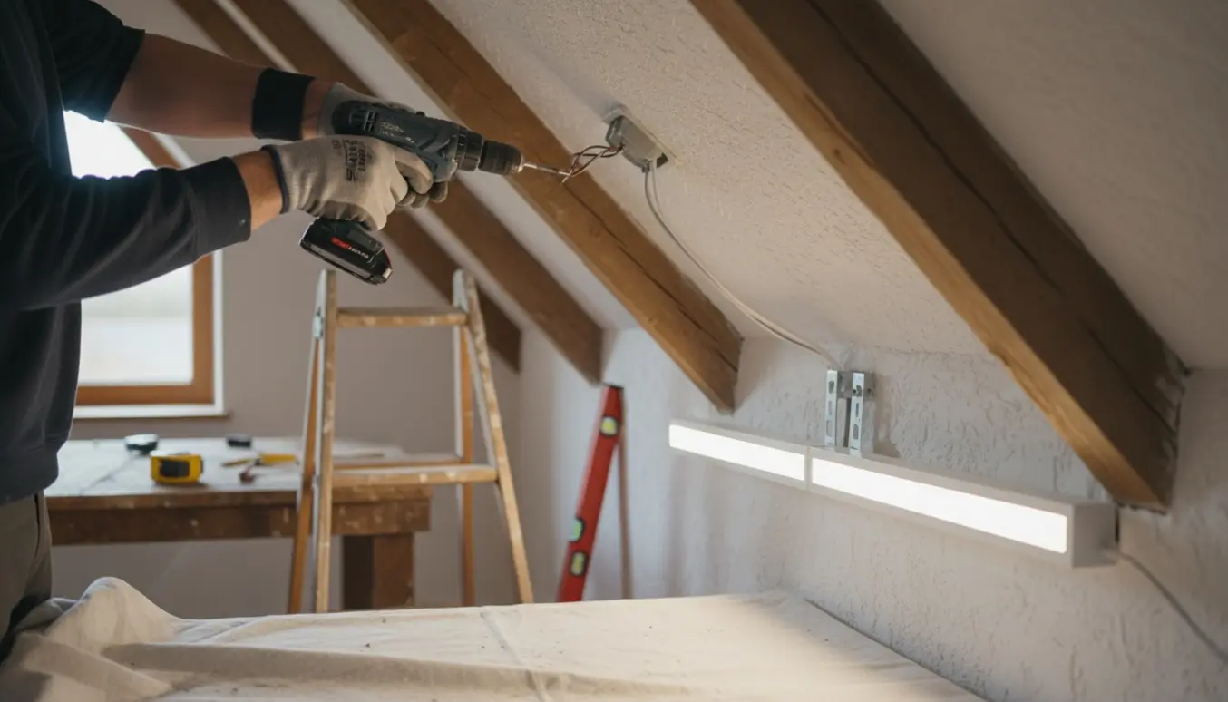 En person monterer to flade LED-paneler på en lav skråvæg, kun hænder og værktøj synlige.