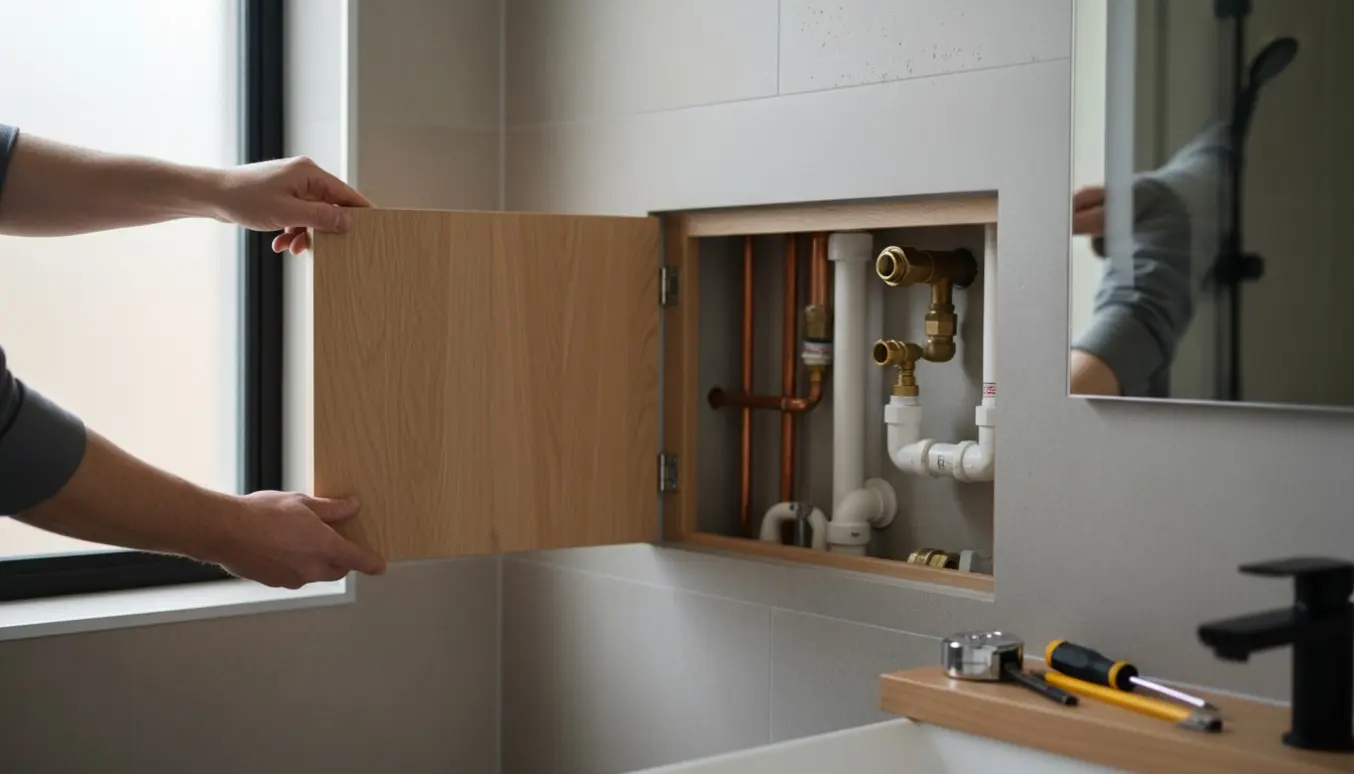 Aftageligt træpanel i et badeværelse åbnes og afslører skjulte vandrør bag en praktisk adgang.