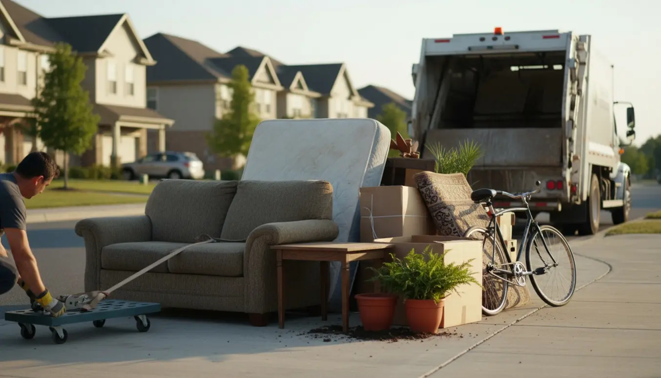 Storskrald som sofa, madras, bord og potteplanter stillet på fortovet klar til afhentning.