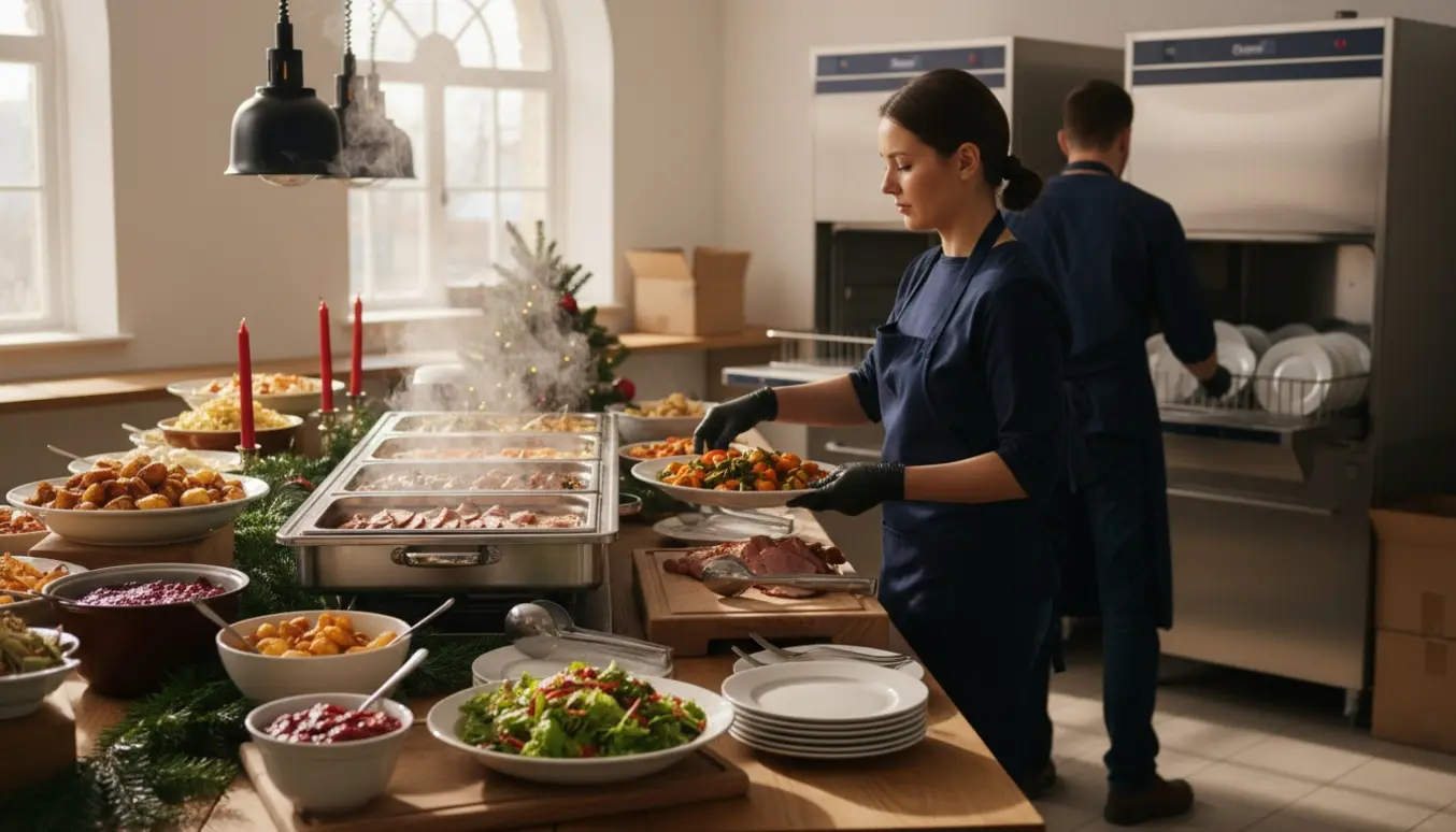 To køkkenhjælpere arrangerer julebuffet og tømmer opvaskemaskiner i et varmt, festligt lokale.