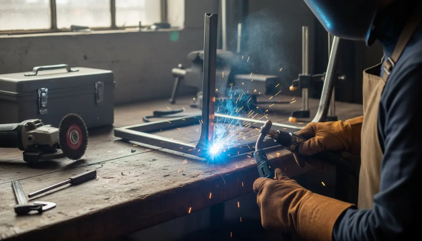 Nærbillede af et værksted hvor et knækket stolstel svejses pænt sammen på en arbejdsbænk.