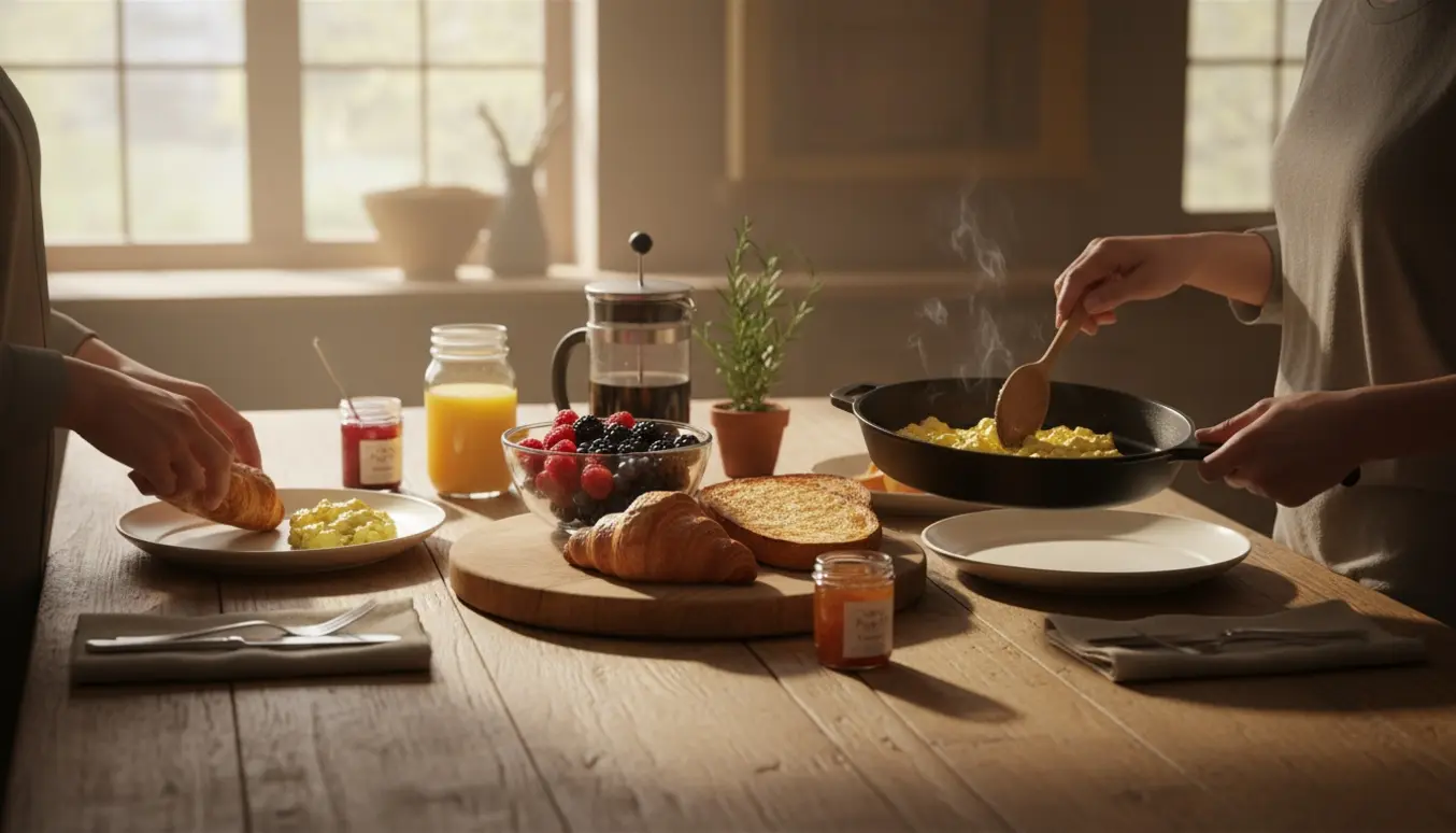Hænder, der arrangerer brunch på et køkkenbord med croissanter, æg, kaffe og friske bær i morgenlys.