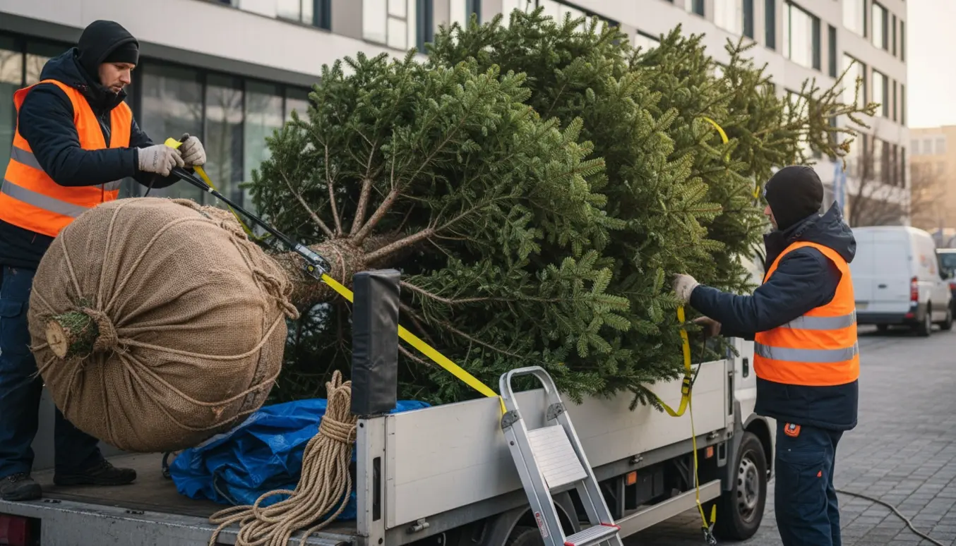 Et 4 m højt juletræ læsses på en firmabil udenfor en virksomhed, arbejdstageres hænder sikrer træet.