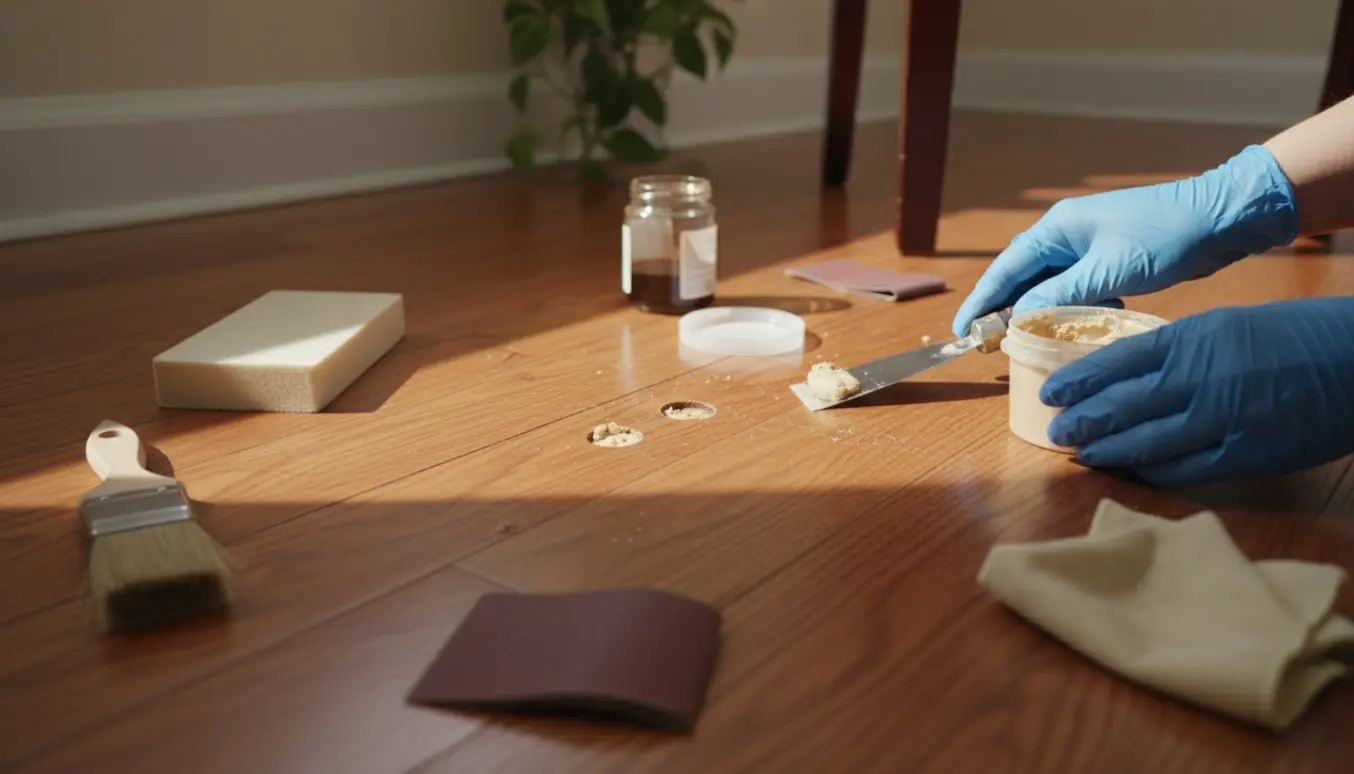 Nærbillede af reparation af trægulv i lejlighed med spartel, slibeblok og bejdse.