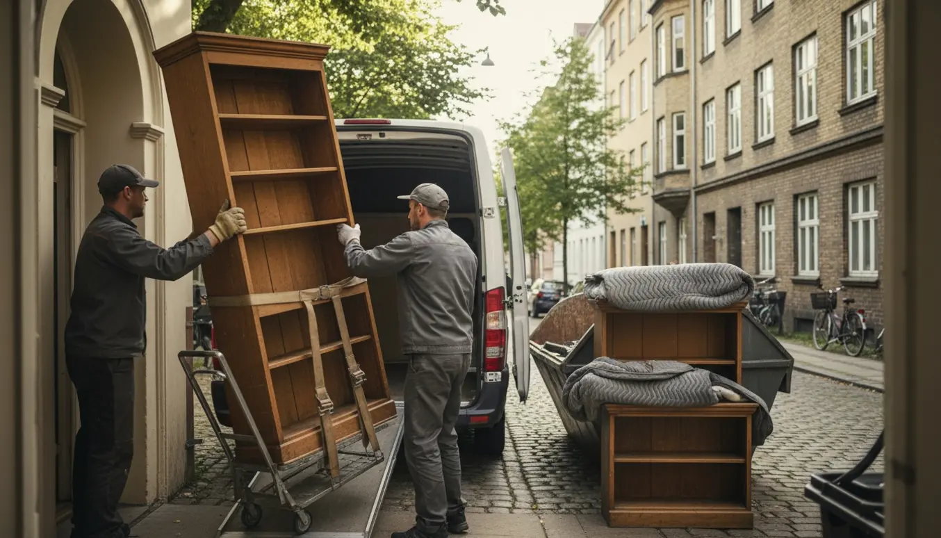 To personer løfter en høj reol ind i en varevogn på en Vesterbro-gade med gamle reoler klar til bortskaffelse.