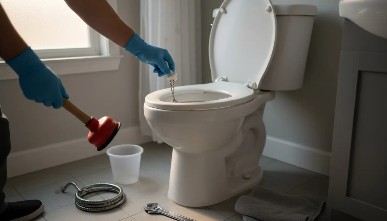 En hånd justerer skyllemekanismen i et udlejnings-toilet med plunger og værktøj ved siden af.