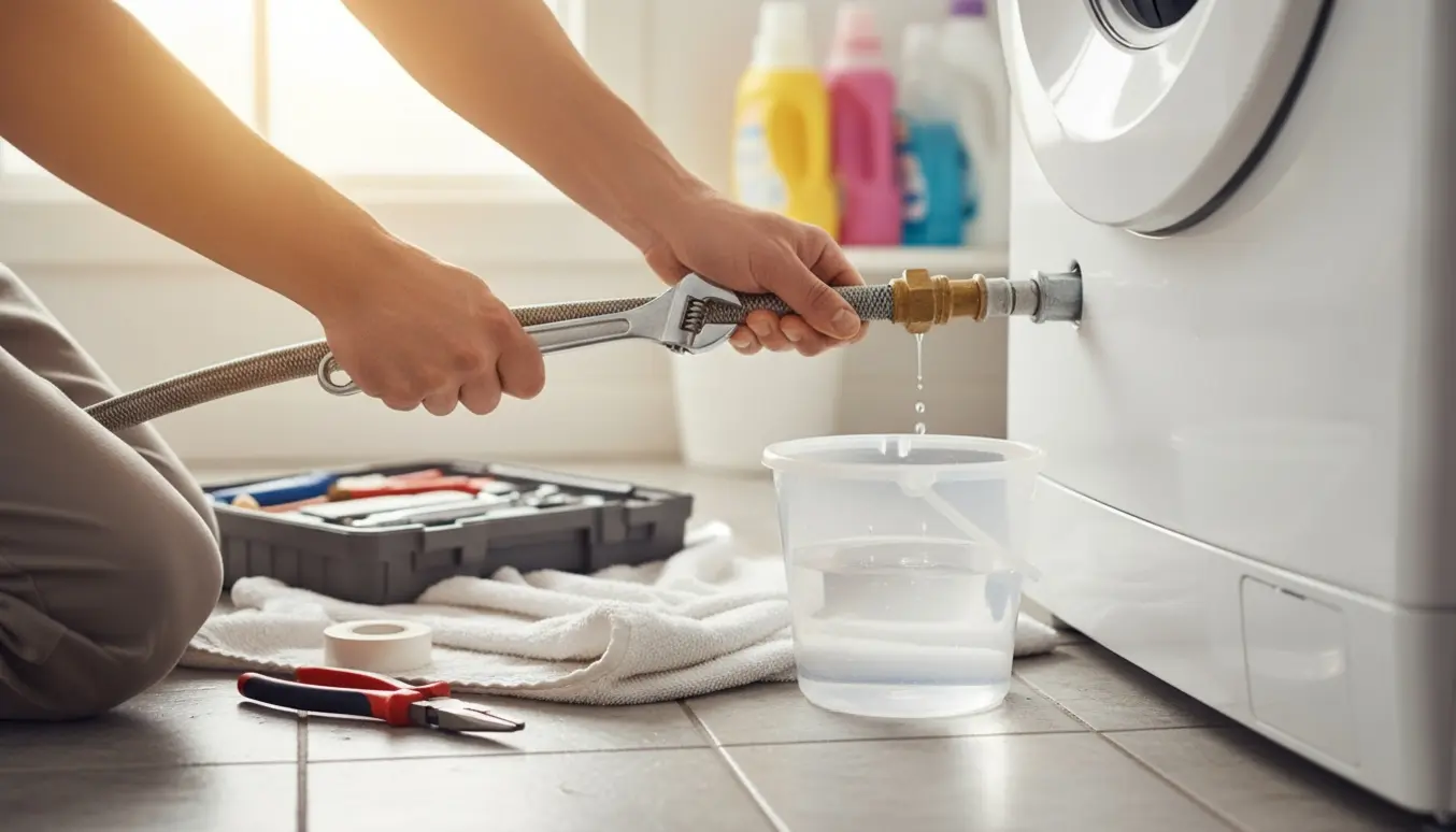 Hænder afmonterer vaskemaskinens vandtilslutning med skruenøgle over en spand, uden ansigter synlige.