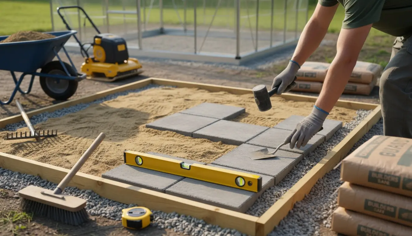 Ny flisebelægning til drivhus med grå 40x40 fliser lagt på sand og komprimeret underlag.