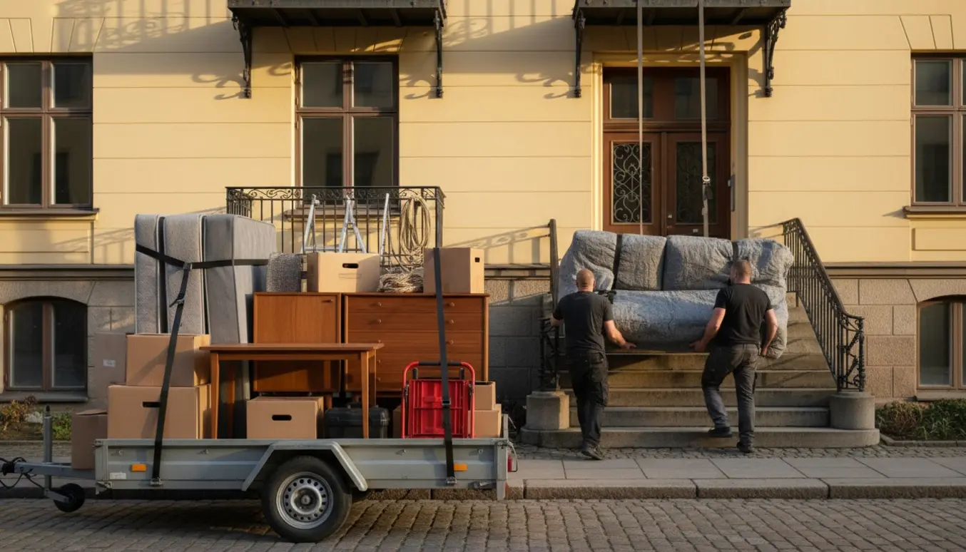 Flyttefolk løfter en indpakket sofa fra en trailer op ad trappen mod en lejlighed på 3. sal, omgivet af teakmøbler og flyttekasser.