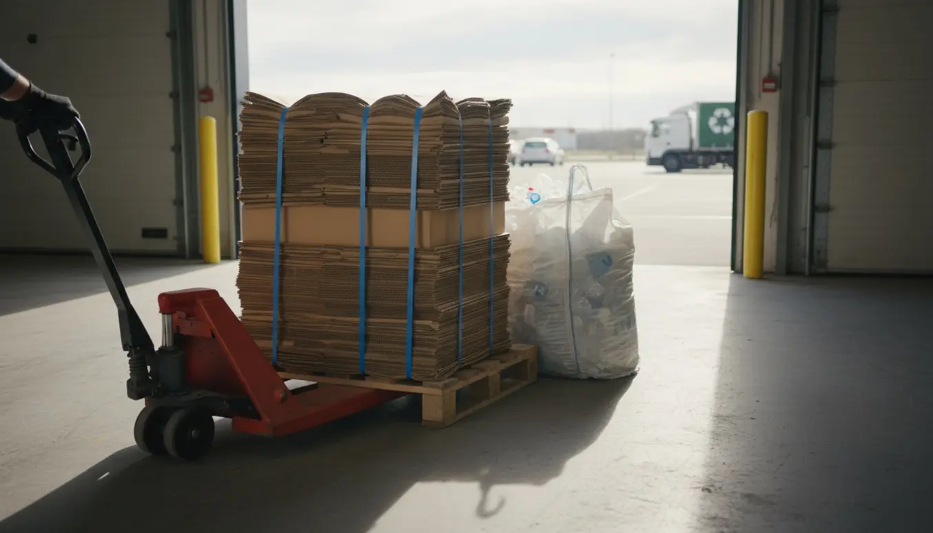 Palle med papkasser og en gennemsigtig sæk med plast ved en lagerrampe klar til afhentning.