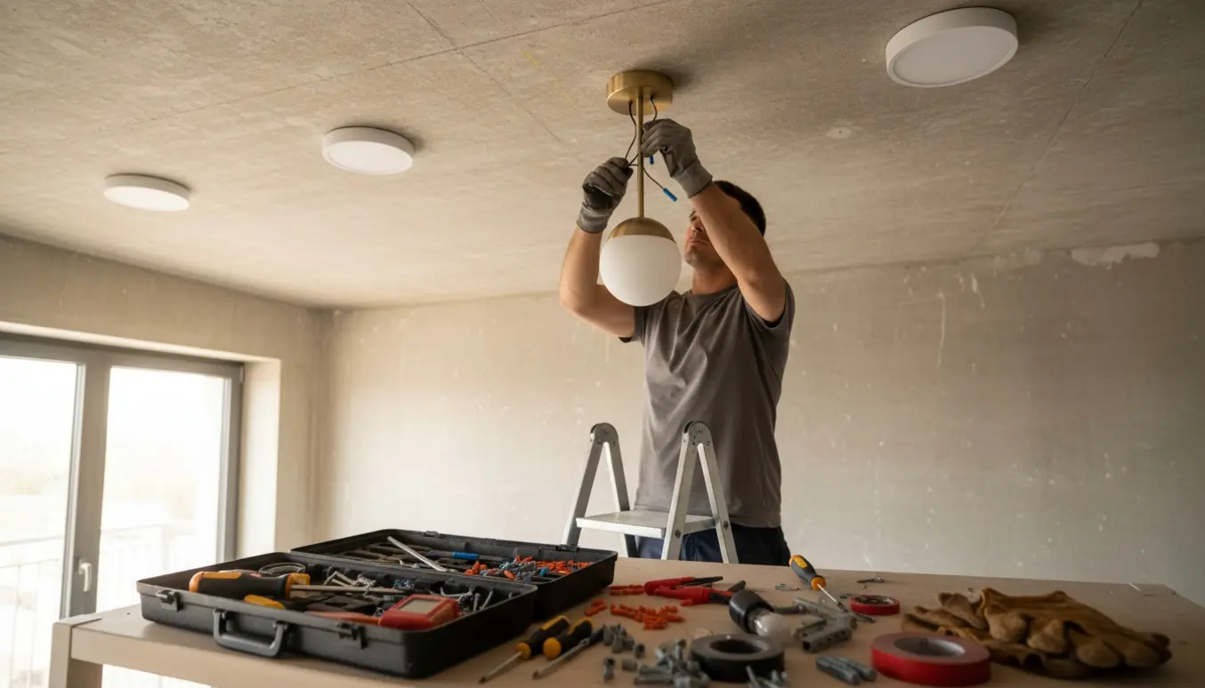 En håndværker på en trappestige monterer en pendel og tre loftlamper i et betonloft med værktøj spredt på gulvet.