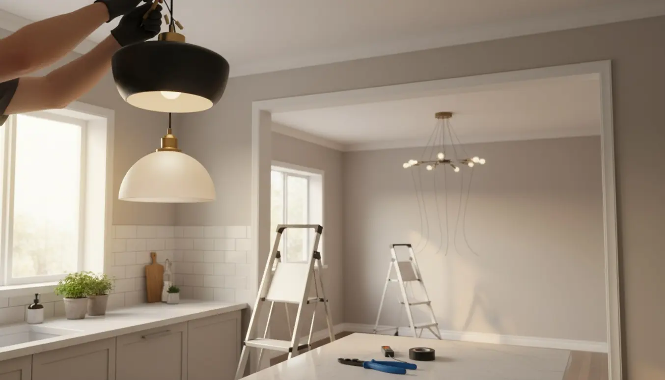 Ny køkkenlampe tilsluttes med handsker og værktøj i forgrunden, mens en opsat lampe i værelset venter på tilslutning.