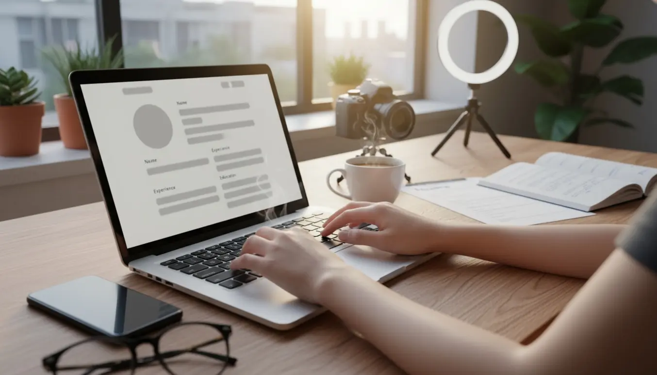 Hænder opsætter en professionel LinkedIn-profil på en bærbar ved et lyst, ryddeligt skrivebord.