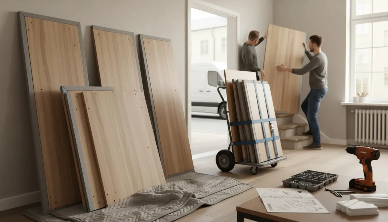 To flyttemænd bærer et PAX-skabspanel op ad en smal trappe foran stablede paneler og værktøj.