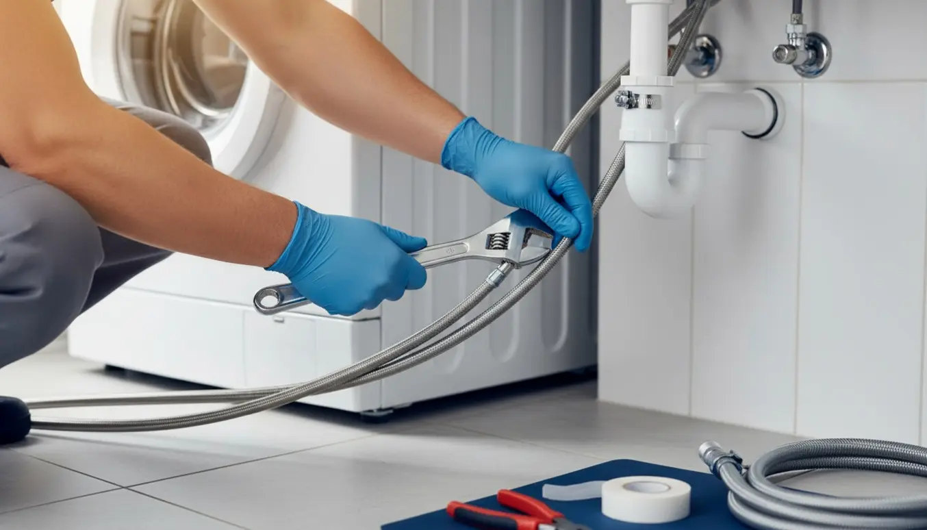 Installatørs hænder tilslutter vand- og afløbsslanger på en vaskemaskine og opvaskemaskine i et lyst vaskerum.