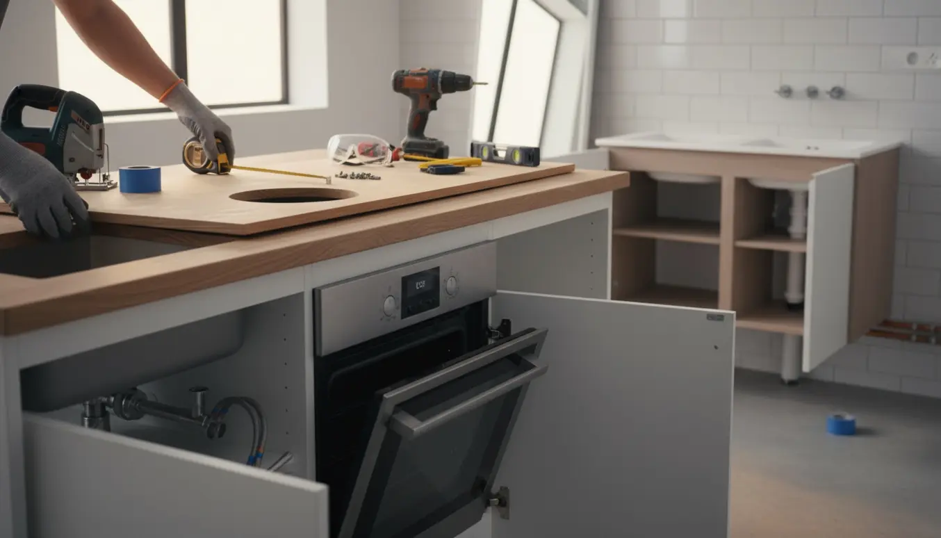Nærbillede af montering af ny køkkenbordplade med udskæring til integreret ovn og et badeværelsesmøbel i baggrunden.