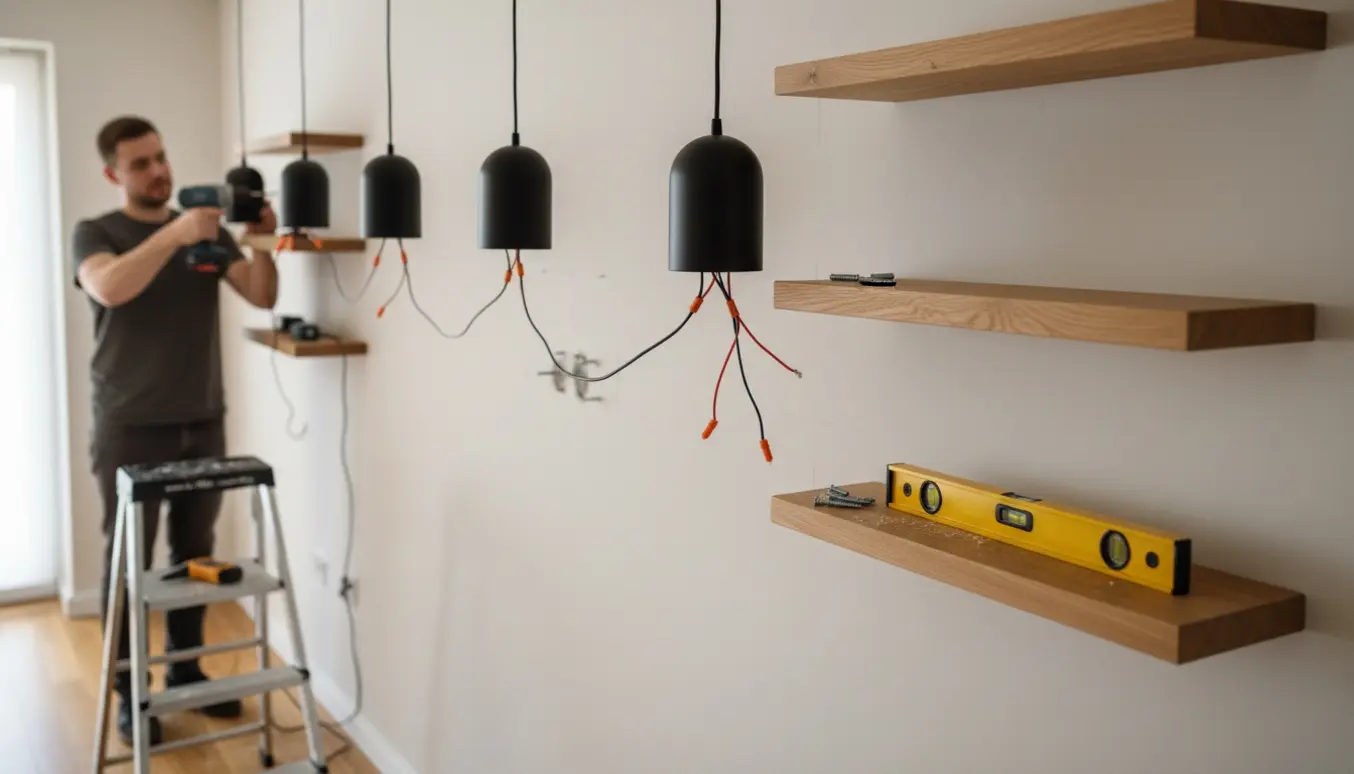 Hænder monterer en lampe og borer en hylde fast på en lys væg.