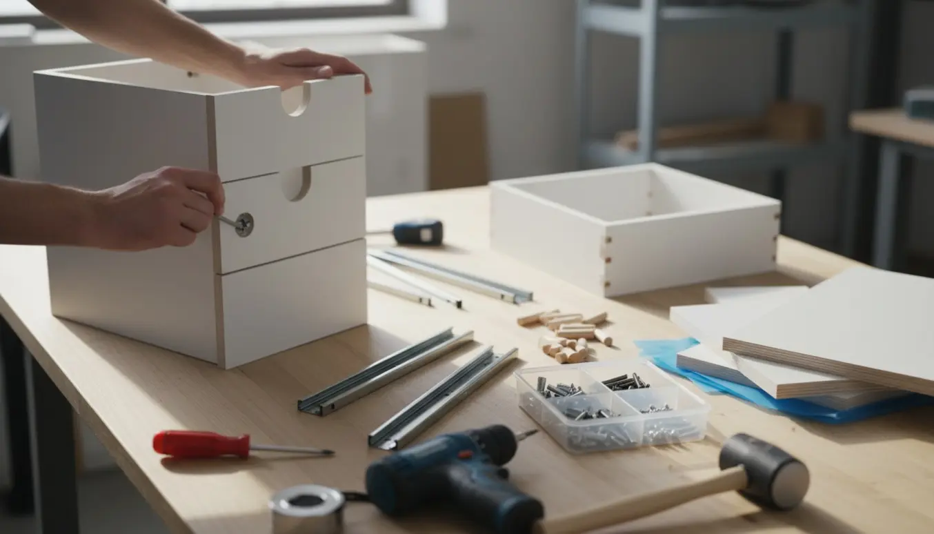 Hænder samler en hvid kommode på et ryddeligt værksted med værktøj og skruer organiseret på bordet.
