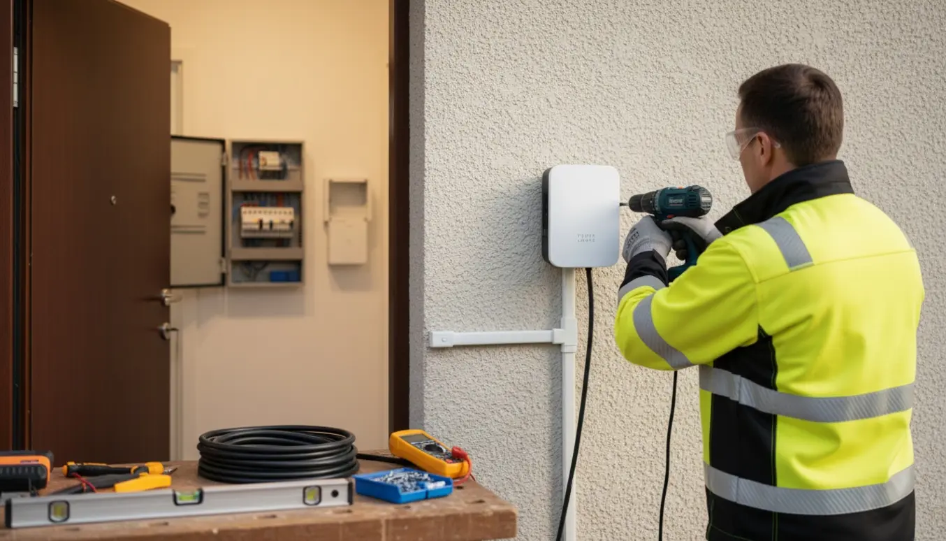 Installatør monterer en hvid elbil-ladeboks på husfacaden, mens åben eltavle er synlig i entreen.