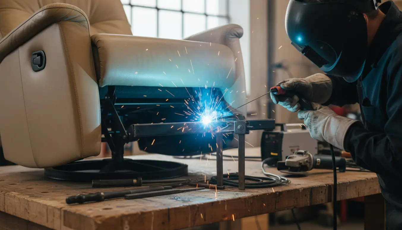 Nærbillede af svejsning på det sorte jernunderstel under en lys læder recliner i et værksted.