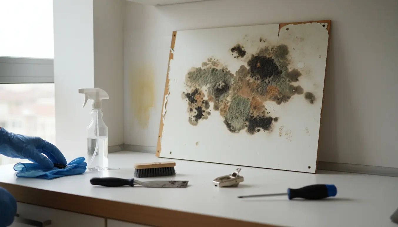 Melamin bagbeklædning fra et køkkenskab med synlig svampevækst, handsker og rengøringsværktøj ved siden af.