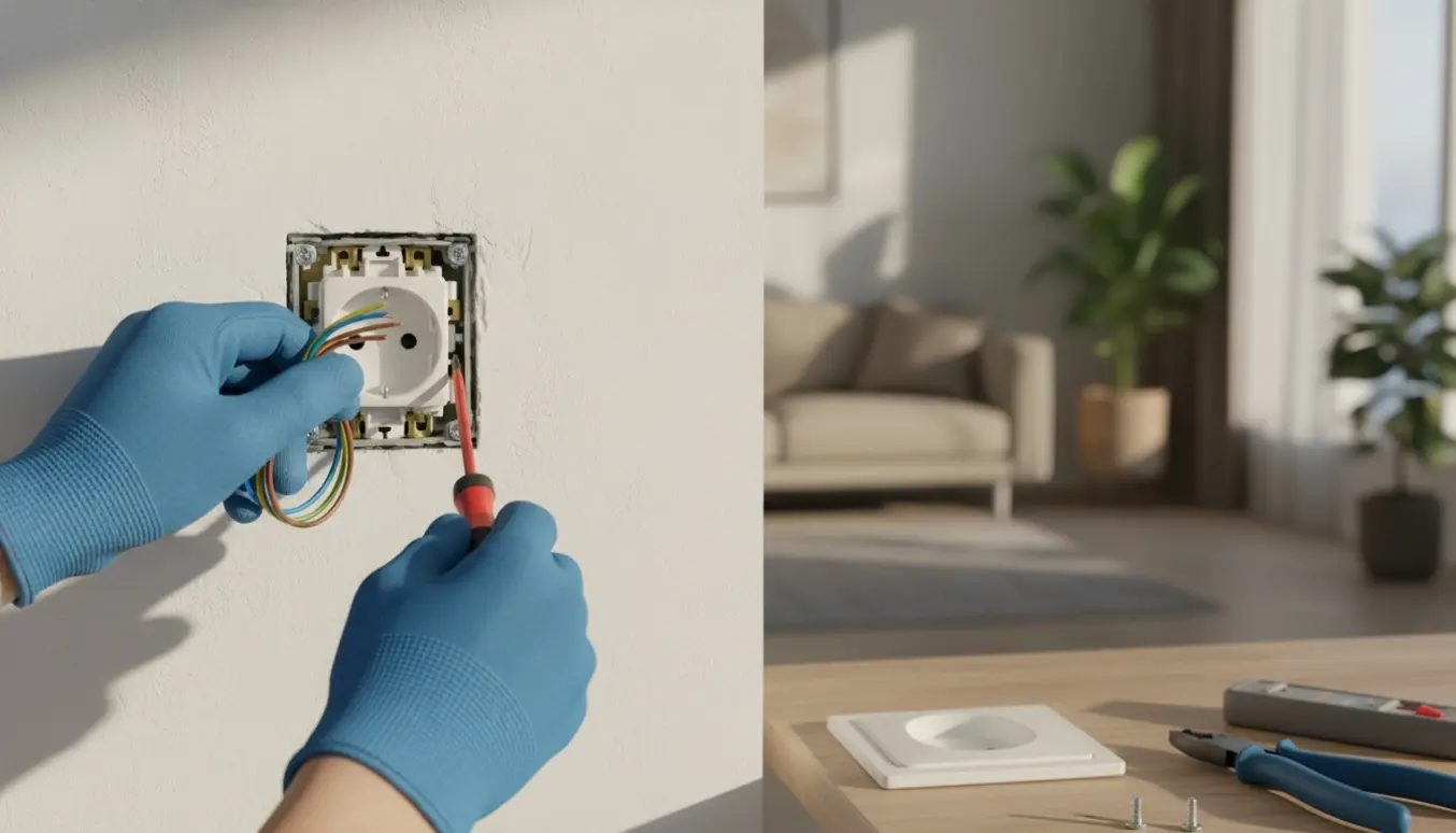 Nærbillede af hænder der monterer en europæisk stikkontakt i en væg med værktøj og beskyttelseshandsker.