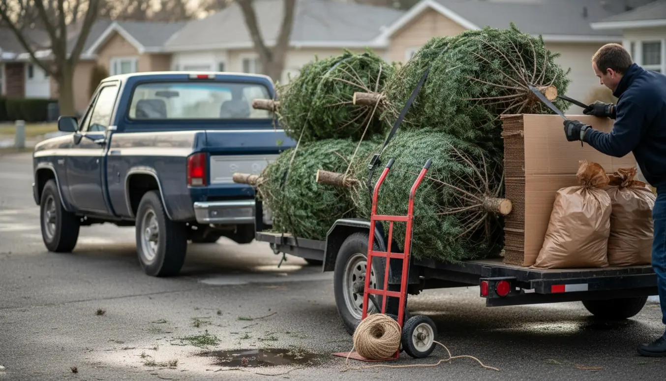 Tre brugte juletræer, sammenfoldet pap og nogle sække restaffald til afhentning ved fortovet.