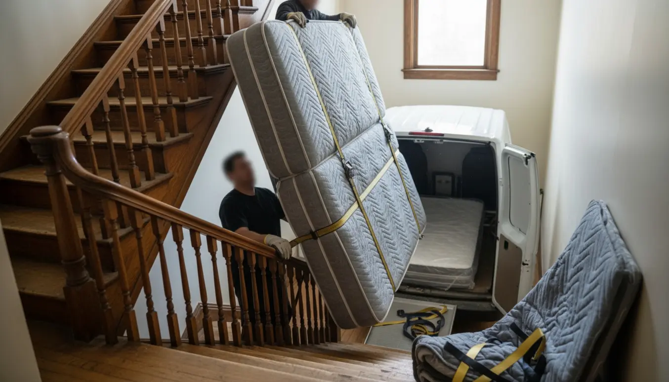 To flyttemænd bærer en stor boxmadras ned ad trappen mod en varevogn, mens en ny, smallere madras ligger klar til afhentning.