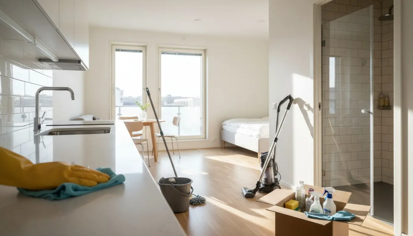 Solbelyst, nyvasket 2-værelses lejlighed med rengøringsudstyr og en handske-klædt hånd, der tørrer køkkenbordet.