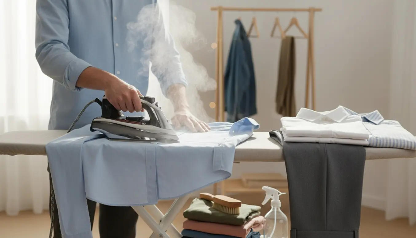 Hænder stryger en skjorte på et strygebræt med damp, omgivet af bukser og t-shirts.