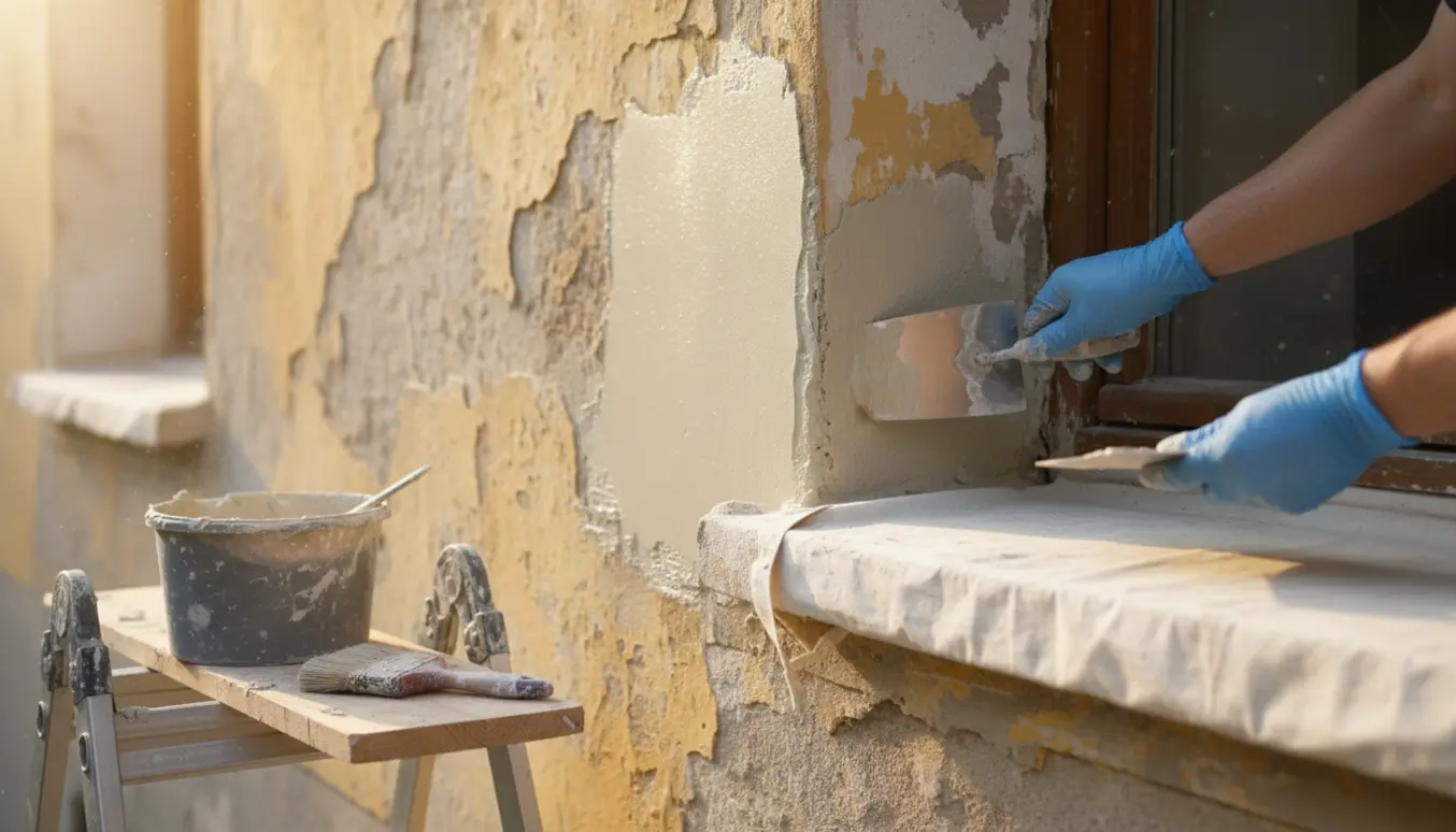 Nærbillede af facadereparation med hænder, frisk puds ved en vindueskarm og værktøj.