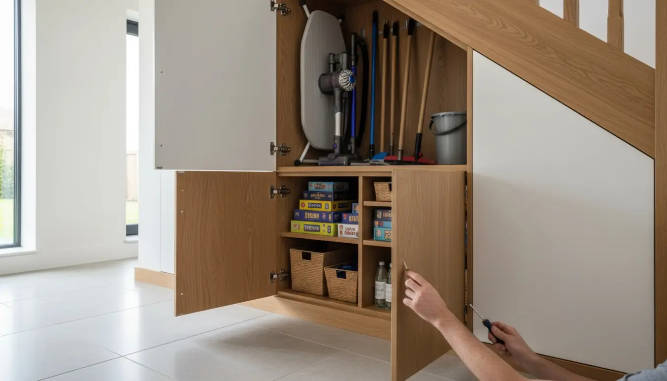Indbygget skab under trappe med åbne døre, hvor den høje del rummer støvsuger og koste og den lave del hylder med spil og rengøringsmidler.