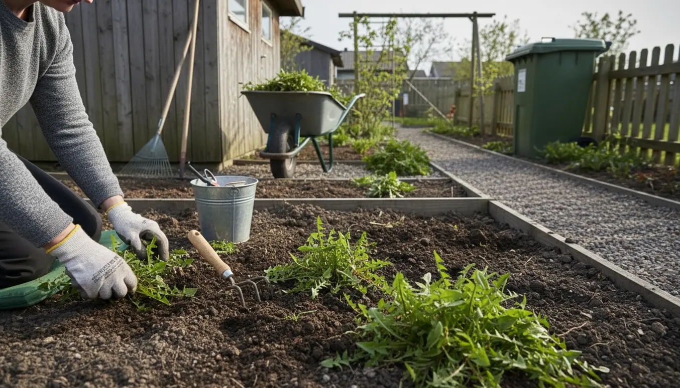 Hænder i handsker luger ukrudt i en kolonihave ved værktøj og fælles grønt affaldscontainer.