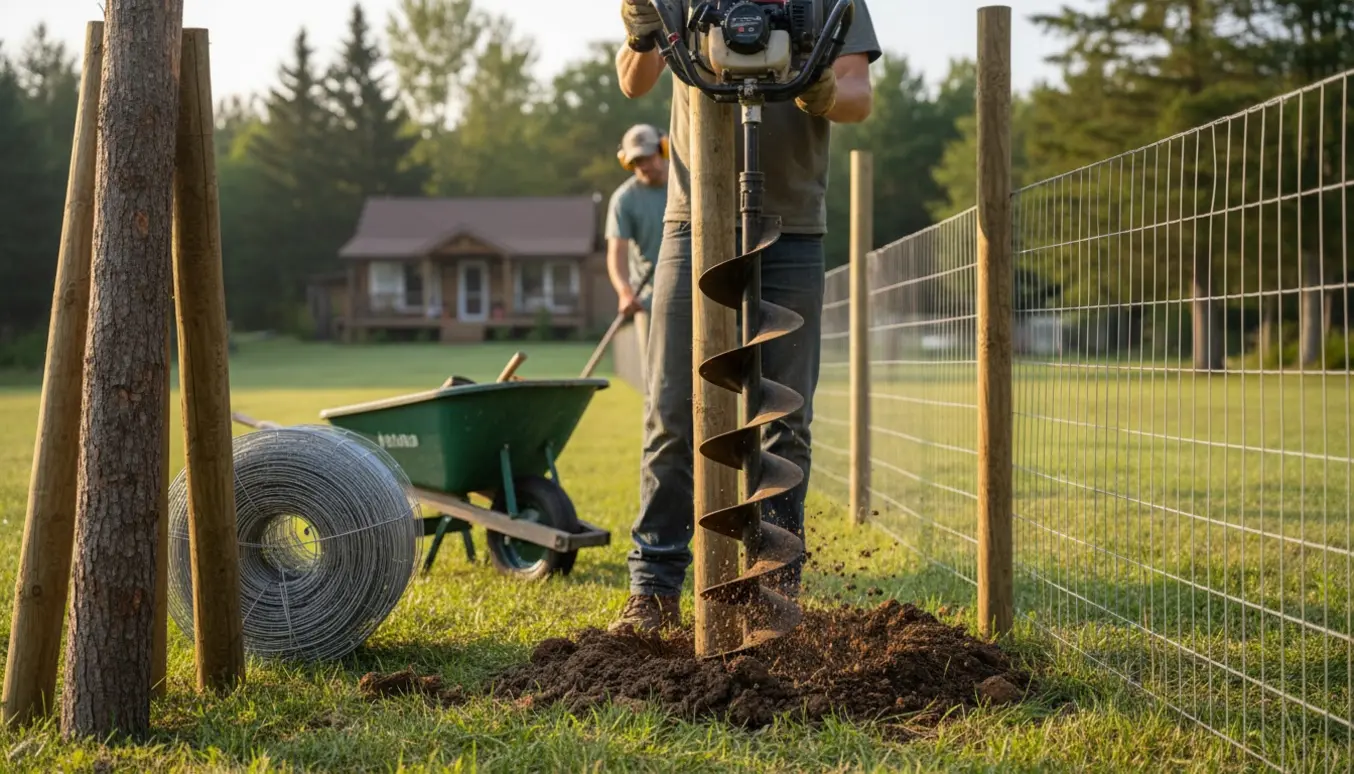 Motoriseret pælebor og materialer til opsætning af rådyrhegn ved et sommerhus.