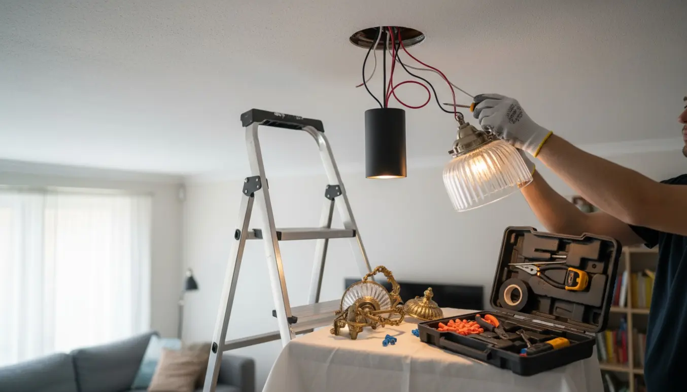 Hænder monterer en ny loftlampe fra en stige, med værktøj og den gamle lampe på en beskyttelsesdug.