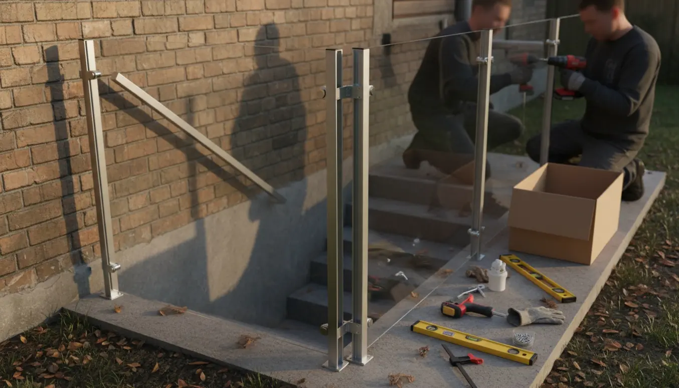 Montage af klar plexiglasafskærmning omkring en udendørs kældertrappe med værktøj på afsatsen.