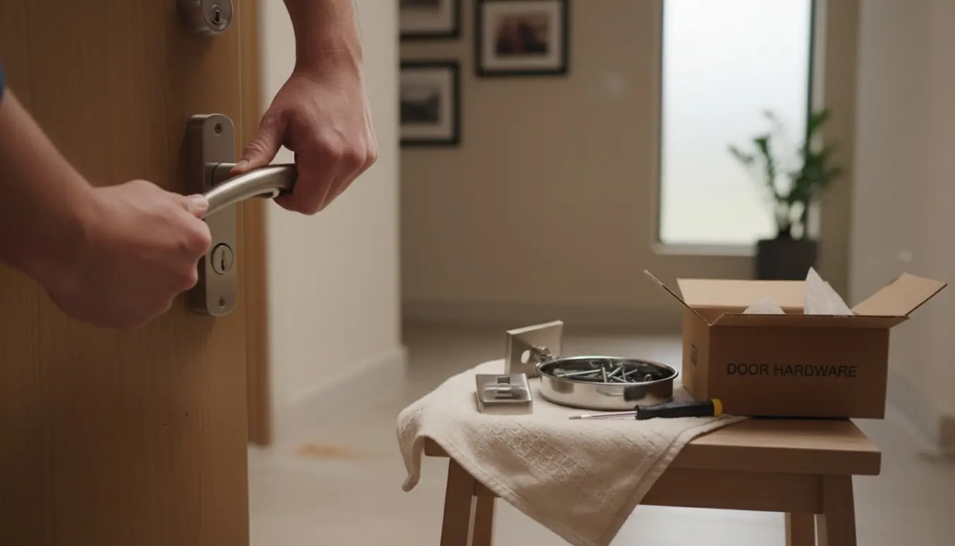 Nærbillede af hænder, der udskifter dørhåndtag og låsecylinder på en lejlighedsdør med værktøj samlet omkring.