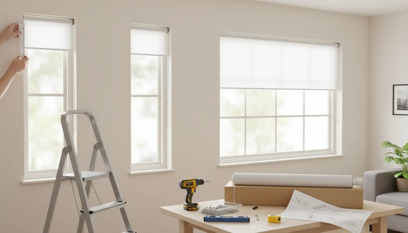 Tre hvide rullegardiner ved vinduer med stige, boremaskine og skruer klar til montering.
