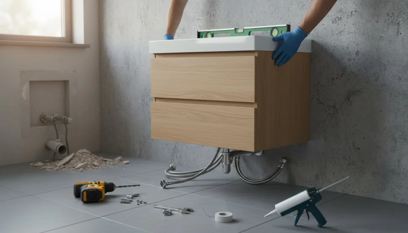 Vægmonteret badeværelsesskab med håndvask under montering på betonvæg, værktøj og fugeposer synlige.
