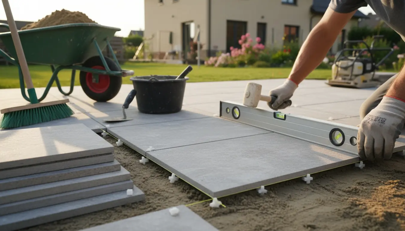 Lægning af nye terrassefliser i en baghave med handsker, vaterpas og værktøj i fokus.